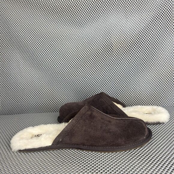 UGG Scuff Slippers Mens Size 11 Brown Leather Sheepskin Shearling Slide On - Picture 3 of 11